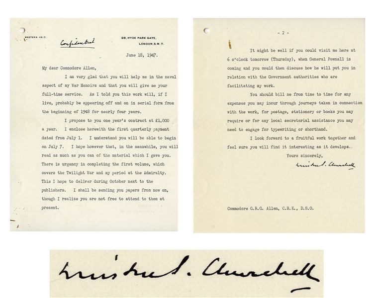 Winston Churchill Letter Signed, Marked ''Confidential'' by Him Regarding His WWII Memoir -- ''...this work will, if I live...be appearing off and on in serial form from the beginning of 1948...''